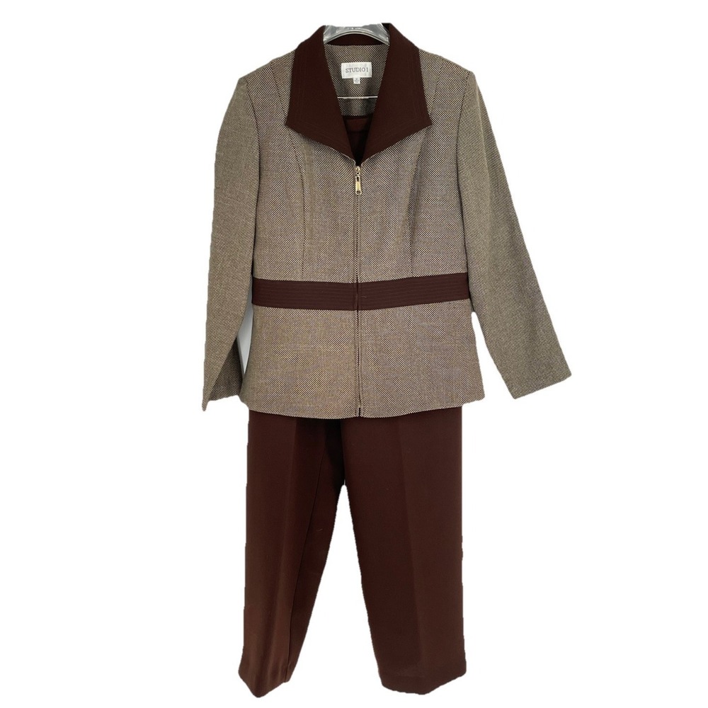 Studio I Two-Tone Brown and Tan Pantsuit Jacket and Trousers